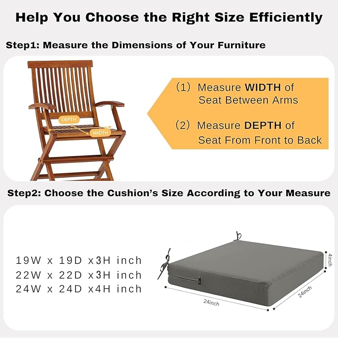 idee-home Outdoor Chair Cushions Set of 2, Waterproof Outdoor Seat Cushions for Patio Furniture, Outside Replacement Chair Pad with Ties for Lawn Deck Porch, 24 x 24