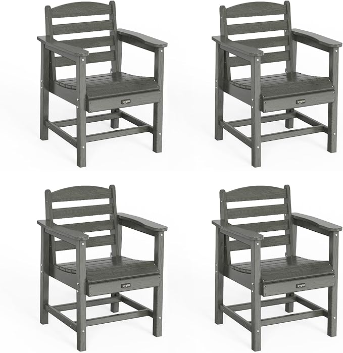 VINGLI Outdoor Dining Chairs Set of 4, HDPE Outdoor Patio Chairs All-Weather Durable Garden Seating for Poolside, Deck, Porch (Gray, 4 PCS)