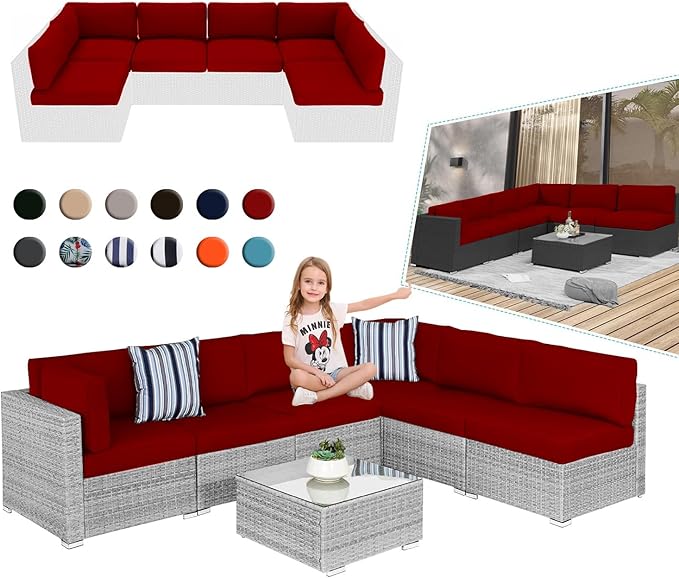 Outdoor Sectional Cushions, 4" Foam High-Density, Water-Resistant Couch Cushions Replacement Set, 14 Piece Patio Sectional Cushion for 6-Seat Sectional Patio Conversation Sets (Red)