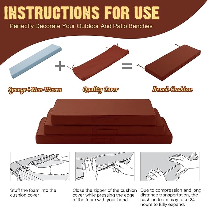 Outdoor Bench Cushion 4 inches Memory Foam Waterproof Patio Furniture Bench Cushion Porch Swing Cushion with Handle and Adjustable Strap, 60 x 18 Inch Terracotta