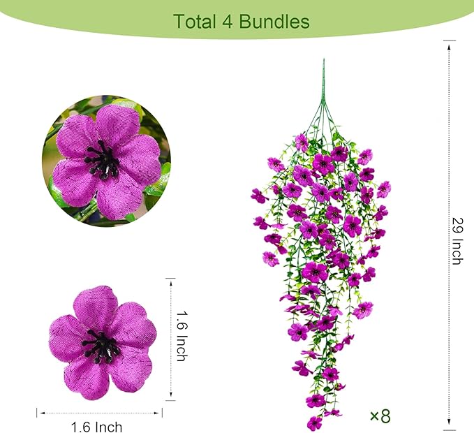 8 Pcs Fake Outdoor Artificial Flowers For Outdoors Uv Resistant, Plastic Flowers For Outdoors, Fake Hanging Plants Faux Flowers For Outdoor Planters, Silk Spring Flowers For Outside Porch（Purple）