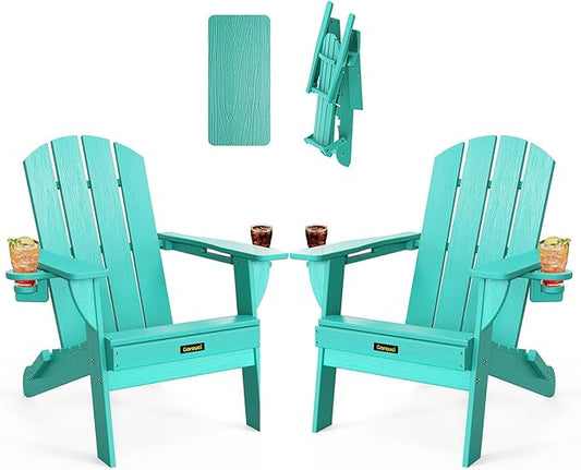 Folding Adirondack Chair Set of 2, Wooden Textured Plastic Adirondack Chairs with 2 Cup Holder, Weather Resistant HDPE Fire Pit Chair, Outdoor Patio Chairs for Garden, Backyard, Lawn, Deck, Lake Blue