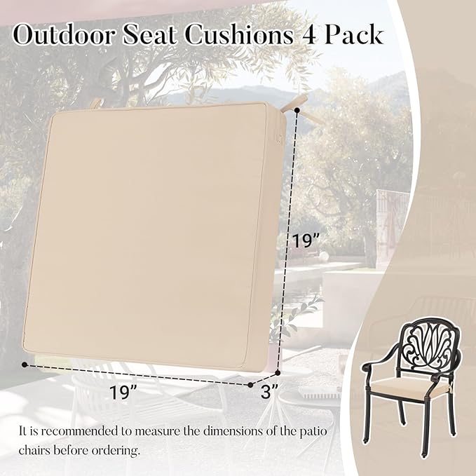 Basic Beyond Outdoor Chair Cushions for Patio Furniture, Waterproof Outdoor Seat Cushions Set of 4 19 x 19, Patio Chair Cushions Set of 4 with Ties and Handle, Beige White