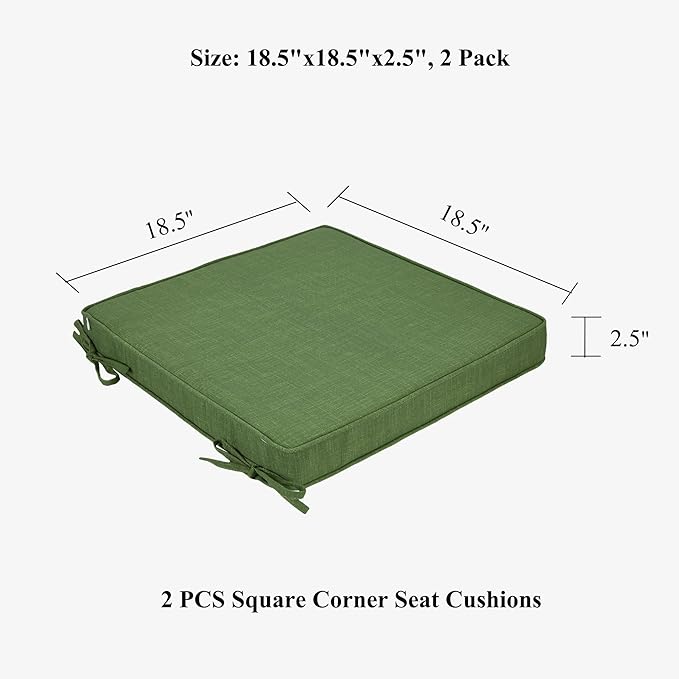 FUNHOME Indoor/Outdoor Chair Cushions Set of 2, 18 x 18 x 2.5 Inch Square Corner Outdoor Cushions for Patio Furniture,2 Packs Patio Chair Cushions with Ties-Moss Green