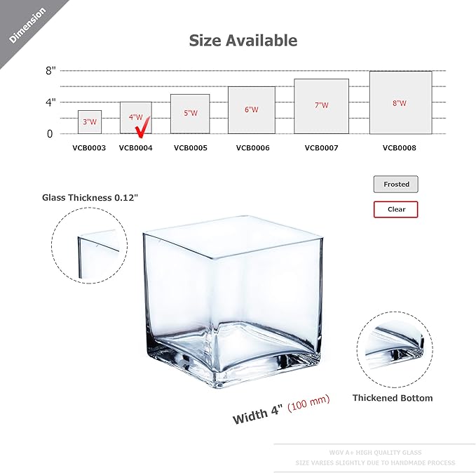 WGV Cube Glass Vase Bulk, Candle Holder, 4"x4"x4", Clear Elegant Floral Accent Container Planter Terrarium Storage for Wedding Party Ceremony Event Office Home Decor, 6 Pieces