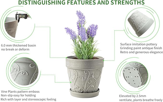 Melphoe Plant Pots Indoor with Drainage & Saucer, 2Pack 7/8 inch Flower Pots Outdoor Planters for Indoor Plants Garden Home Decor Cactus Succulent, Rigid Plastic (Imitation-Terracotta) Vine-Embossed