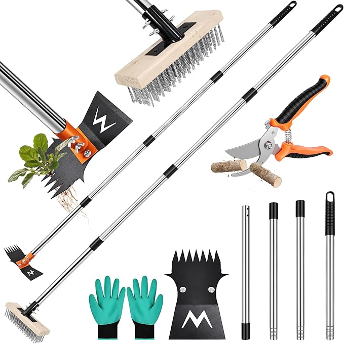 2-in-1 Weed Puller Tool & Moss Scrub Brush Set with 60" Adjustable Handle | Quick-Change Garden Hoe, Weed Puller & Concrete Brush for Patio Cleaning and Weed Removal with Pruning Shears & Gloves