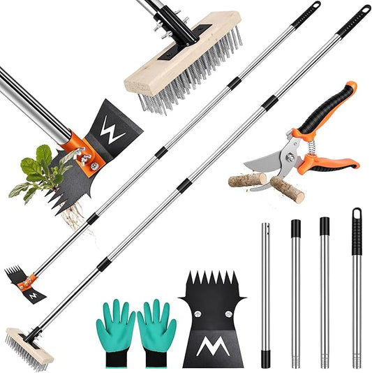 2-in-1 Weed Puller Tool & Moss Scrub Brush Set with 60" Adjustable Handle | Quick-Change Garden Hoe, Weed Puller & Concrete Brush for Patio Cleaning and Weed Removal with Pruning Shears & Gloves