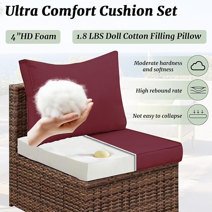 Outdoor Sectional Cushions Replacement Set, 26x26in Patio Furniture Cushions, 14 Pieces Waterproof Outdoor Couch Cushion for 6 Seat Wicker Conversation (Burgundy)
