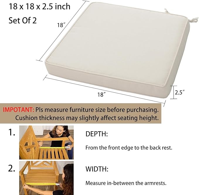 Magpie Fabrics Indoor Outdoor Waterproof Square Chair Cushion, 18 x 18 x 2.5 Inch, 2 Pack, Water Resistant Seat Cushions, for Patio Garden Office, Cream