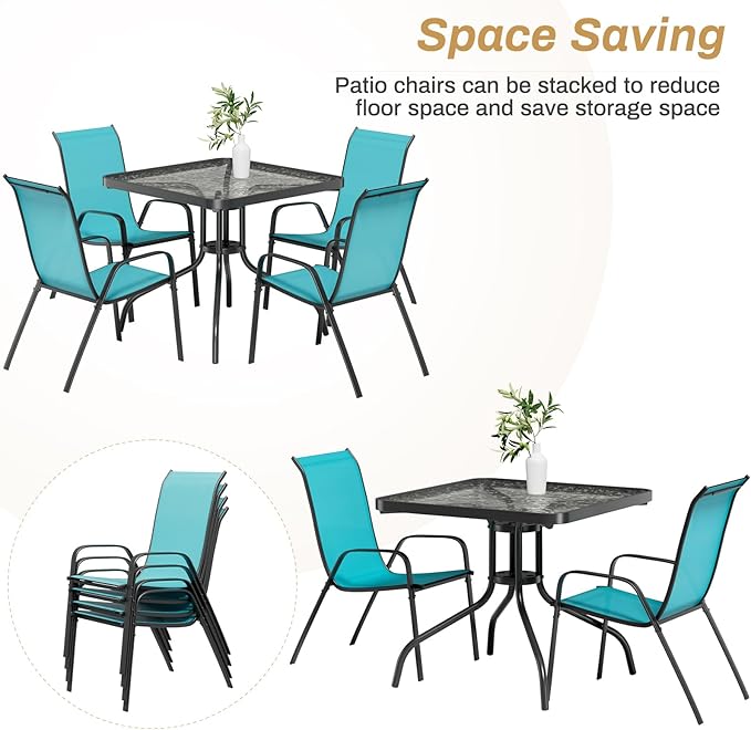 Arlopu 5 Piece Outdoor Patio Dining Set (Umbrella not Included), Porch Furniture with 4 Textline Chairs, 1 Square Glass Table for Garden, Backyard and Poolside, Lawn (Blue)