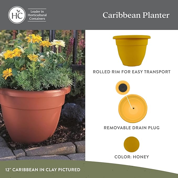The HC Companies 16 Inch Caribbean Planter Pots with Drainage & Plug, Rolled Rim Plastic Planters for Indoor & Outdoor Plants, 2-Pack Decorative Flower Pots for Garden, Office & Home Decor, Honey