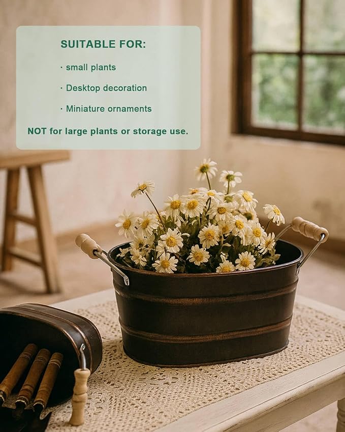 Galvanized Metal Oval Planter Buckets with Handles – Set of 3 Rustic Farmhouse Flower Tubs with Drain Holes & Plugs, Vintage Small Pots for Herbs, Succulents, Wedding or Tabletop Decor (Black)