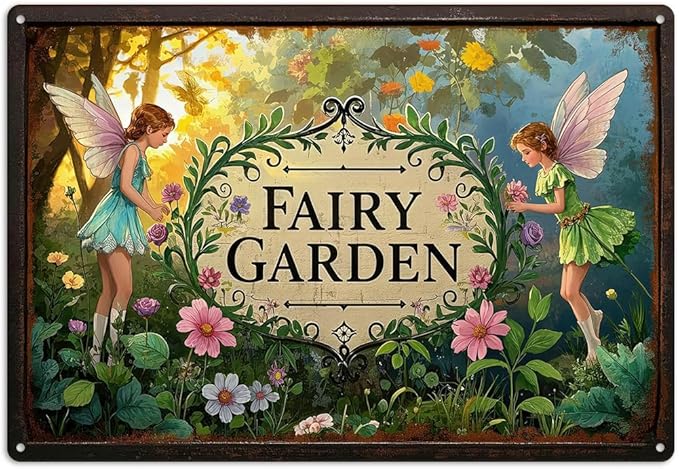 Gardening Gifts Vintage Garden Mental Tin Signs " FAIRY GARDEN" Retro Fairies Plants Picture for Home Garden Greenhouse Yard Decor (8x12 Inch)