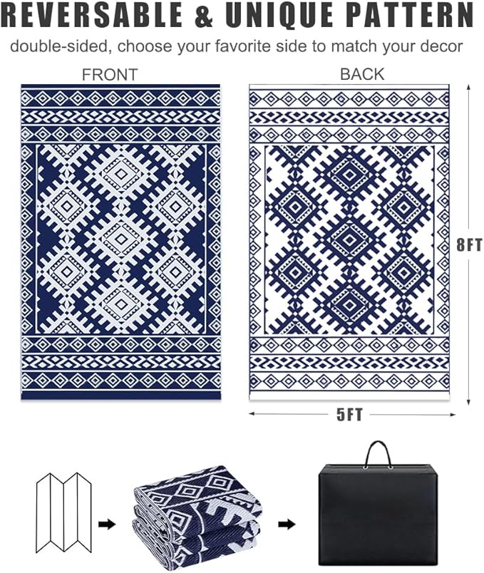 Pendolr 5’x8’ Outdoor Rug Waterproof Carpet Patio Mat Outdoor Plastic Straw Rug Camping Rug Reversible Outside Outdoor Area Rug for Balcony Deck Backyard RV Picnic Beach Navy&White 03#