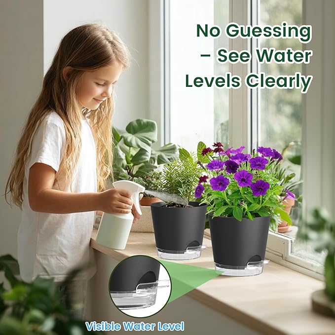 8 inch Self Watering Pots for Indoor Outdoor Plants, 2 Pack Flower Plant Pots with Drainage Holes & Clear Reservoir for Visible Water Level, Plastic Wicking Planters for House Plants, Black