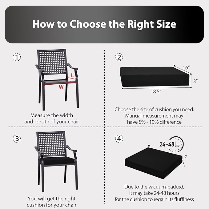 Outdoor Chair Cushions Set of 2, 18.5 x 16 Inch Patio Chair Cushions for Outdoor Furniture, Water Resistant, Non-Slip Ties(Black)