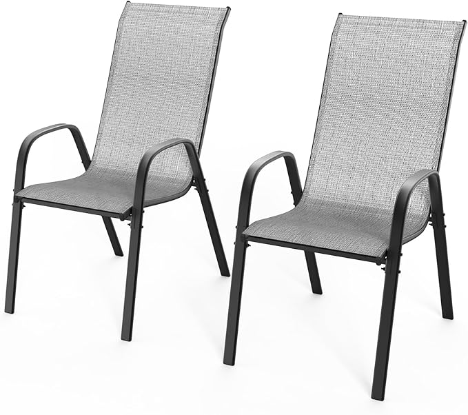 VINGLI Patio Chairs Set of 2 – Stackable Outdoor Dining Chairs with Comfortable Sling High Back Chairs and Armrests for Lawn, Poolside, Courtyard, Balcony, Garden, Silver Gray