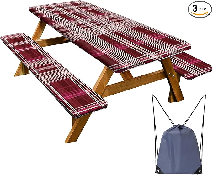 Picnic Table Cover with Bench Covers Set of 3 - Classic Red Black Buffalo Plaid Tablecloth, Elastic Fitted for 6 Ft Tables, Washable Polyester Cover for Camping, Indoor & Outdoor