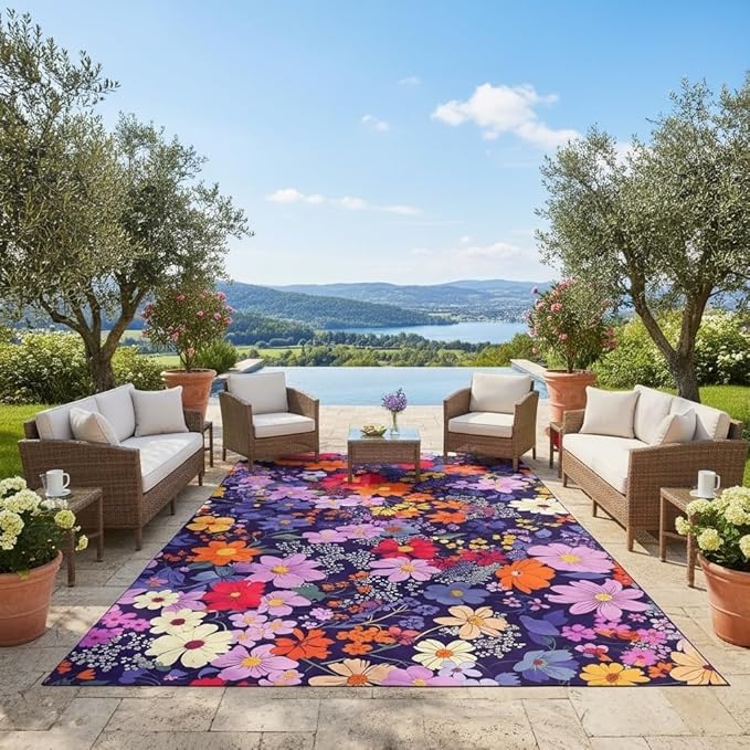 Waterproof Floral Outdoor Area Rug 6x8 Vibrant Purple Red Orange Flowers Texture Outdoor Rug for Patio Balcony Deck Garden Camping Stain Resistant Waterproof Porch Backyard Thin Outside Carpet Mat