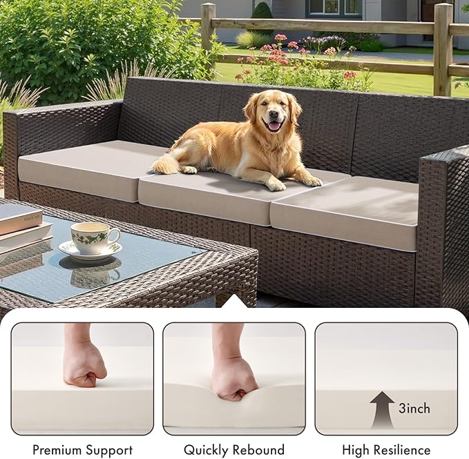 MIULEE Beige Outdoor Chair Cushions Set of 4, 18.5x16x3 Inch Waterproof Patio Seat Cushions for Outdoor Furniture Couch Sofa, 3 Year Color Fastness High Density Foam with Adjustable Ties