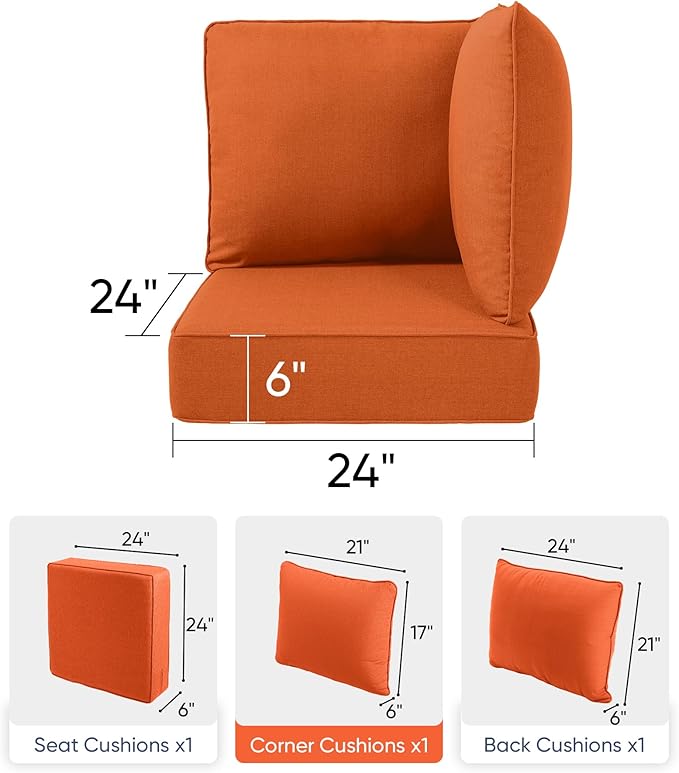 Luxury 24x24x6 Outdoor Corner Cushion 1 Set - Water-Repellent 3-Piece Cushion Set with Zipper for Outside Rattan Wicker Sofa Loveseat Chair Sectional Patio Conversation Sets - Orange/Classic