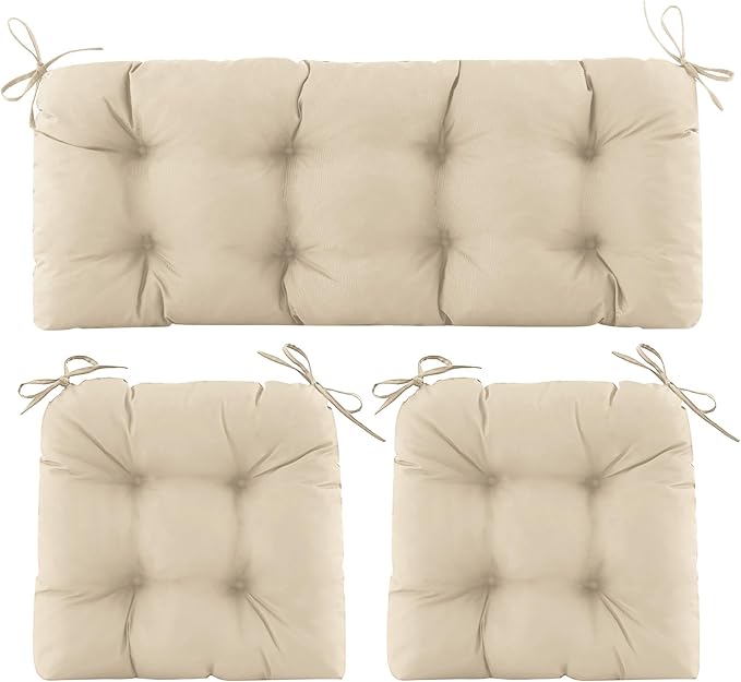 Wicker Chair Cushions of 3 Pieces, Waterproof Cushions for Patio Furniture, Tufted Wicker Outdoor Furniture Cushions, 1 Patio Loveseat Cushion and 2 U-Shaped Cushions, 44"x19"x5", Beige