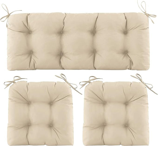 Wicker Chair Cushions of 3 Pieces, Waterproof Cushions for Patio Furniture, Tufted Wicker Outdoor Furniture Cushions, 1 Patio Loveseat Cushion and 2 U-Shaped Cushions, 44"x19"x5", Beige