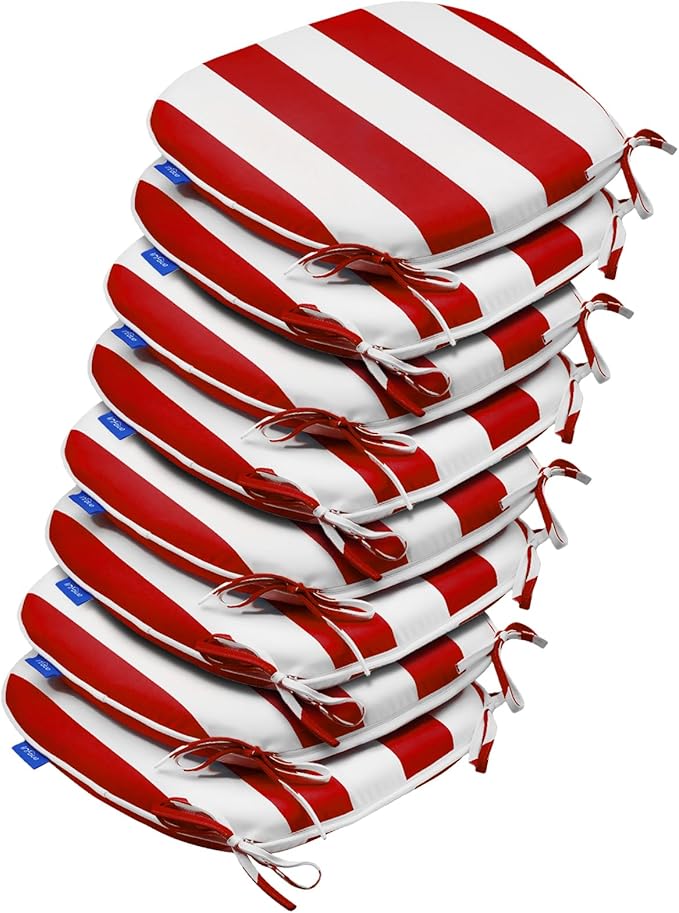 SleepMan Outdoor 17"x16" Chair Cushions with Ties Set of 8, Water Resistant All Weather U-Shape Seat Pads for Patio Garden Furniture Indoor Fade Resistant Patio Cushions (Red Stripe)