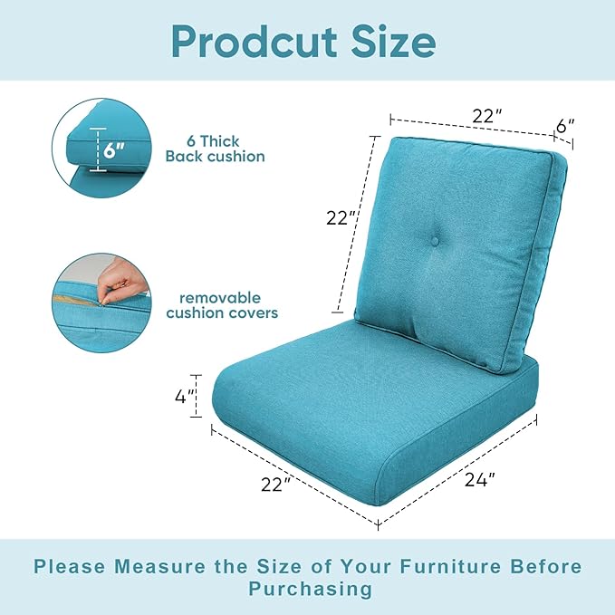 Outdoor Chair Cushions 3 Packs - Outside High Back Thick Water-Resistant Cushion 22x24 with Zipper Cover for Patio Glider Rocking Chairs Loveseat Couch – Teal/Buckle