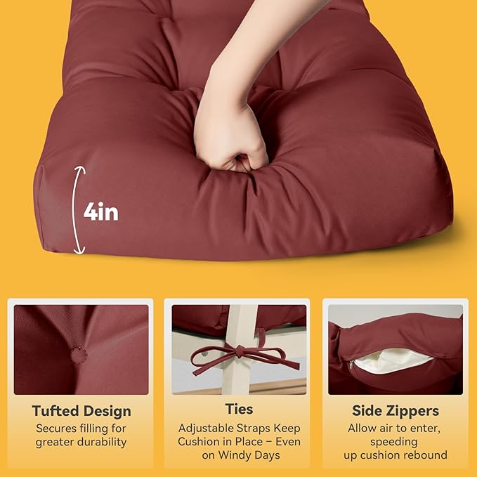 ROFIELTY Outdoor Bench Cushion, Waterproof/Sun-Proof Fabric, Tufted Bench Cushion with 2 Ties, Suitable for Outdoor Garden Bench/Swing/Indoor Furniture (Burgundy, 45×18×4)