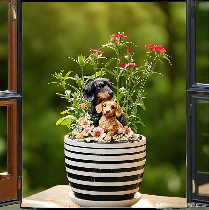 Garden Stake Decor, Acrylic 2D Flat Animal Statue, Fairy Sculptures Ornament Indoor Outdoor Yard Lawn Pot Plant Decorative Accessories (Two-Dogs)