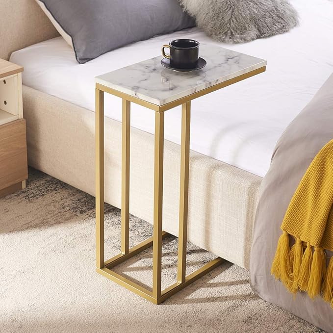 ROSEN GARDEN C-Shape Side End Table, Gold Faux Marble Tray Snack Table with Metal Frame, Laptop Coffee Holder, Gold Modern Furniture