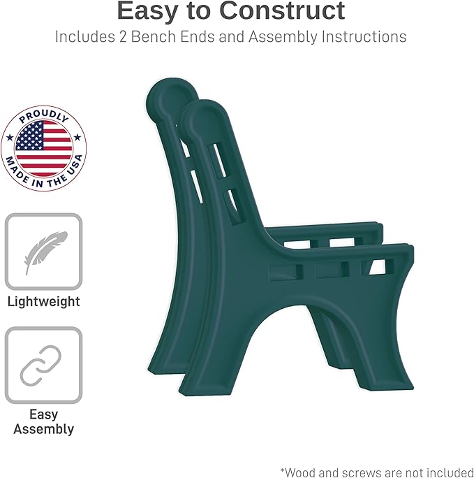 RTS Home Accents Custom Length Lightweight Indoor or Outdoor Bench Ends with Backrest (Wood & Screws Sold Separately), Kentucky Green
