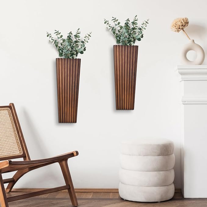 2PCS Wood Wall Planter for Indoor Plants, Wooden Hanging Planter for Dried Flowers and Artificial Greenery Plants,Abstract Vase, Modern Farmhouse Wood Wall Decor for Living Room,Bedroom,Bathroom