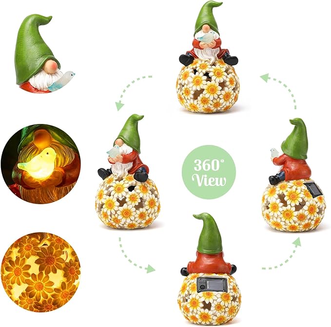 Solar Garden Gnome Statue Gnomes Statue with LED Lights Winter Ornaments Outdoor Yard Art Decorations for Home Patio Porch Lawn - Christmas Birthday Gifts for Mom Women