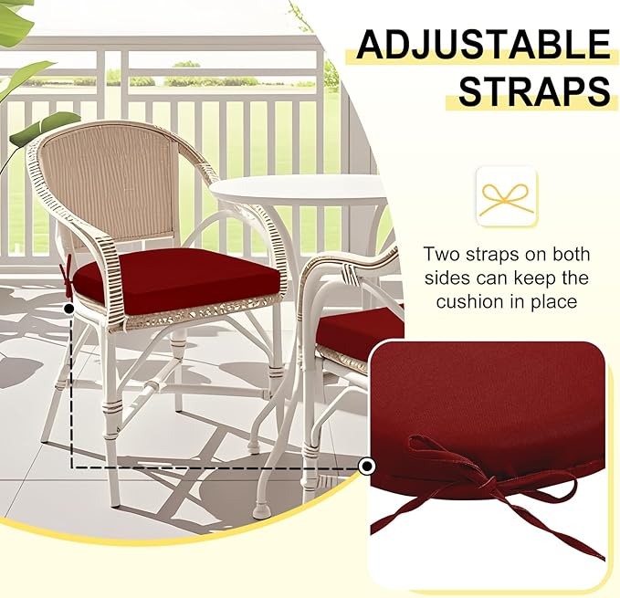 downluxe Outdoor Chair Cushions Set of 2 for Patio Furniture, Water-Resistant Patio Chair Cushions with Ties, High Density Foam Outdoor Seat Cushion, 17" X 16" X 2", Burgundy