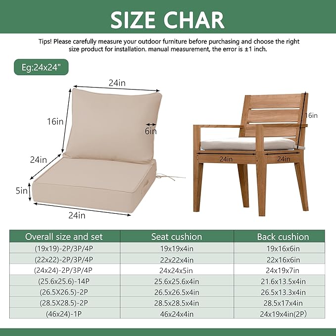 Outdoor Chair Cushions 3 Set,24 x 24 x 5IN, Patio Deep Seat Cushion for Patio Furniture, Waterproof & Fade Resistant Thick Deep Seating Pads for Outside Wicker Ratten Chair Sofa Couch,Khaki