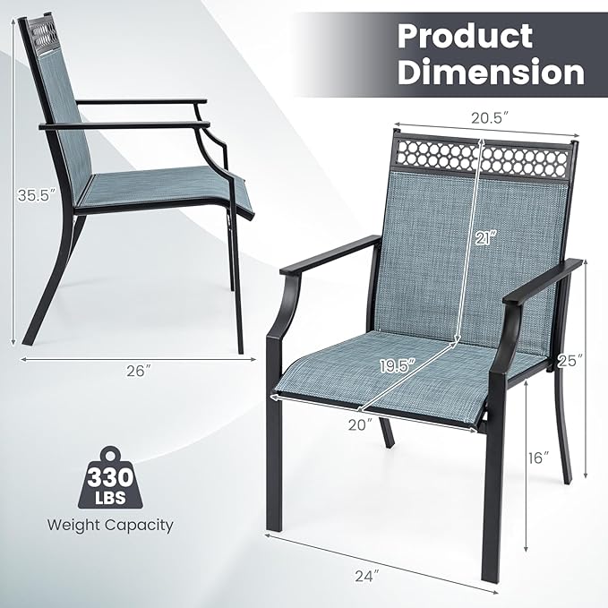 Giantex Patio Chairs Set of 2, Outdoor Chairs with All Weather Fabric, High Backrest, Armrests, Heavy Duty Metal Armchair, Outside Dining Chairs for Porch Lawn Garden Yard Pool (Blue & Black)