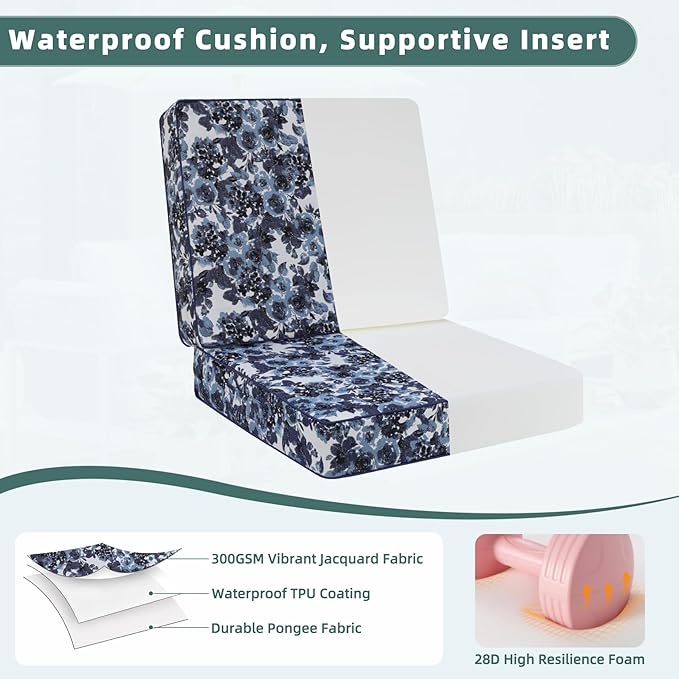 Favoyard Deep Seat Patio Cushion 24 x 24 x 4 in Waterproof Seat & Back Cushion Set with Color Fade Resisitant Pattern, Portable Handle, Attach Straps, Zipper on Removable Cover for Outdoor Furniture