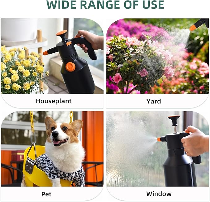 0.52Gallon Garden Pump Sprayer,Handheld Pressure Water Sprayer Bottle with Safety Valve,Adjustable Nozzle for Plants,Home Cleaning(Black 0.52Gallon/2L)