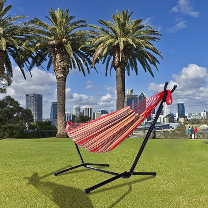 Portable Outdoor Polyester Hammock Set,Single Person Brazilian Hammock,Garden Cotton Hammocks,Indoor Swing Hammock Chair,with Stand & Carry Bag,for Outside Patio Porch Poolside Backyard (Red)