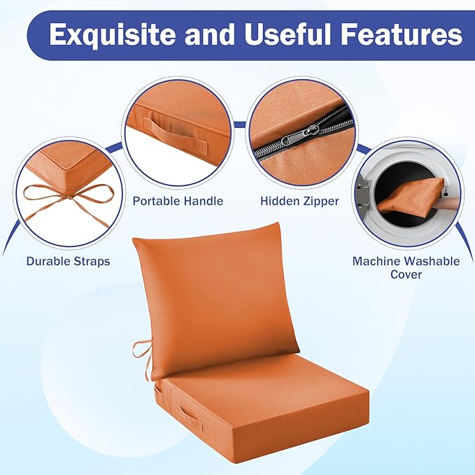 Outdoor Seat Cushion Set, Waterproof & Fade Resistant Patio Chair Cushions, Outdoors Cushion for Patio Furniture, 24 x 24 x 4 Inch, Outdoor Couch Cushions with Handle and Ties, Spice