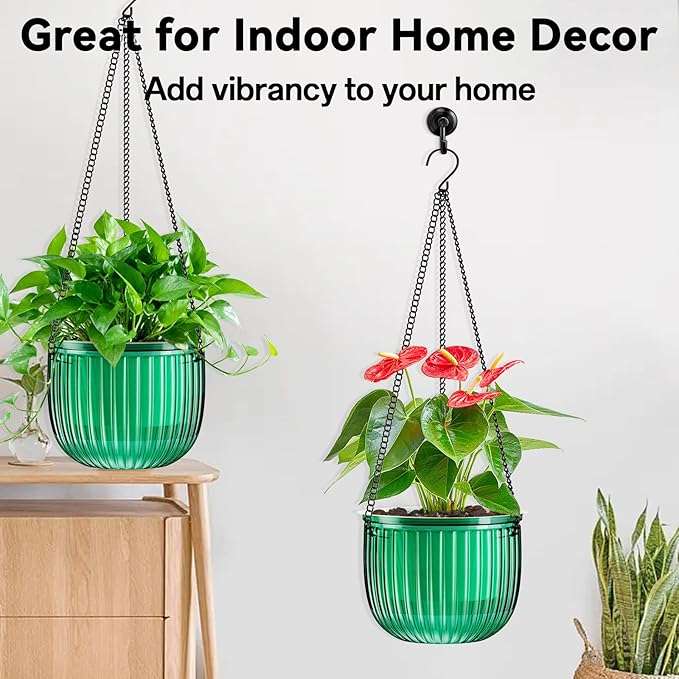 Halatool 2 Pack 6.5 Inch Self-Watering Hanging Planters for Plants, Indoor Hanging Flower Pots for Garden Home Wall Decor, Green