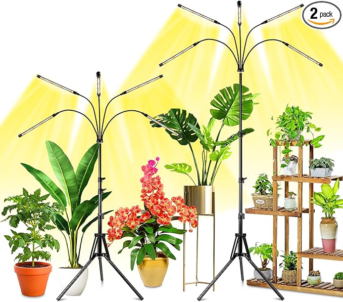 Wolezek Grow Lights for Indoor Plants, 2 Pack Full Spectrum Plant Light with Adjustable Stand, 5-Head LED Grow Light with Auto 6/12/16H Timer, 5 Brightness Levels, Ideal for Large & Tall Plants