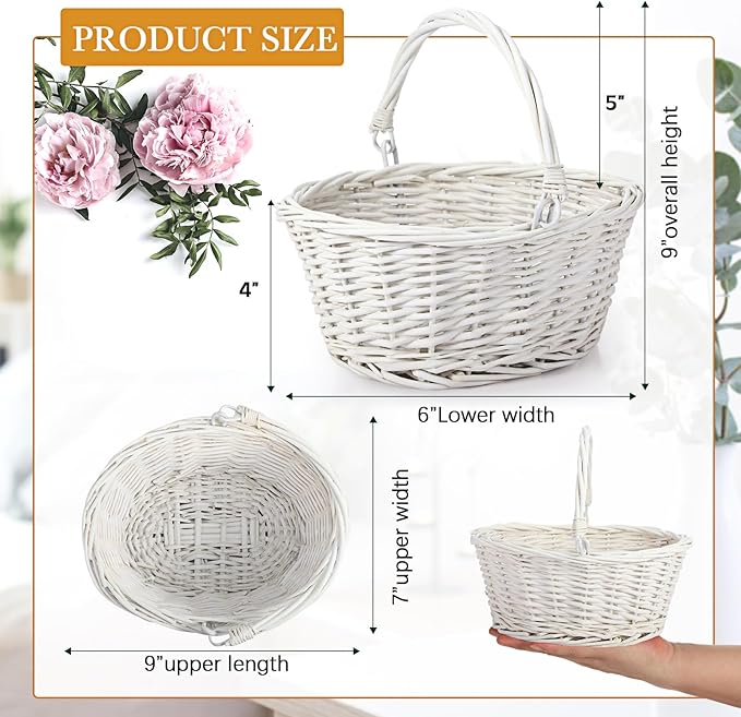 Barydat 6 Pcs Small Wicker Picnic Basket with Handle Flower Girl Baskets Oval Willow Woven Braided Gift Basket for Easter Weddings Baby Shower Home Garden Decor (White,9" x 7" x 4")