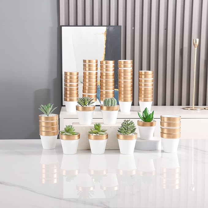 Yishang 2.5 inch White&Gold Terracotta Pots with Drainage Holes,Small Mini Clay Ceramic Pottery Planter,Cactus Flower Terra Cotta Pots,Succulents Nursery Pots for Indoor/Outdoor Plants,Crafts-12 Pack