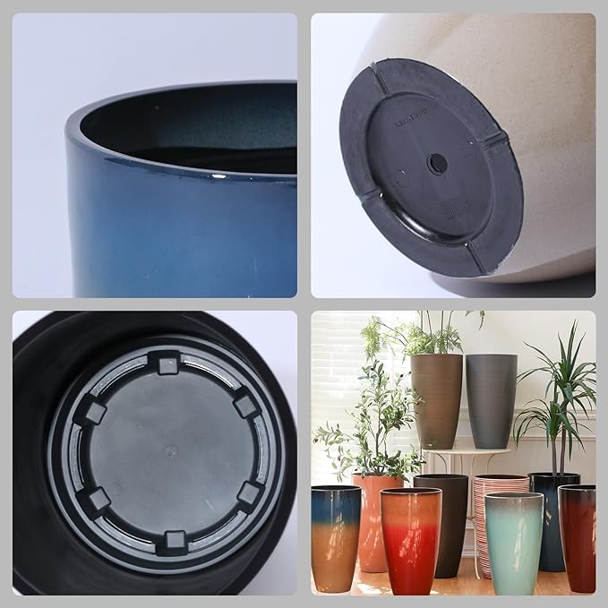 Tall Planters for Outdoor Plants, Heavy-Duty Plastic Lightweight Flower Pots Blue to Khaki Gradient Garden Pots Porch Planters Outdoor Set of 2 Gifts for Plant Lovers