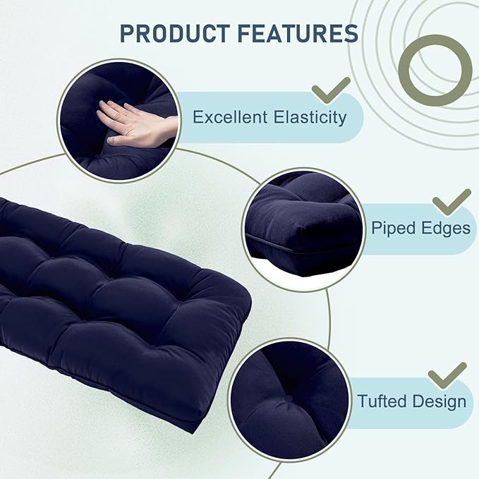 downluxe Outdoor Bench Cushion for Patio Furniture, Waterproof Tufted Overstuffed Porch Swing Cushions, Thick Outdoor Loveseat Cushions, 48" X 18" X 5", Navy, Set of 1