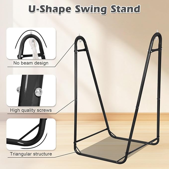 Hammock Chair with U Shape Stand, Cotton Swing Chair with Side Pocket, Heavy-Duty Metal Frame with Hanging Seat, Multi-Functional Swing Stand for Indoor and Outdoor Patio Yard Garden (Blackwhite)